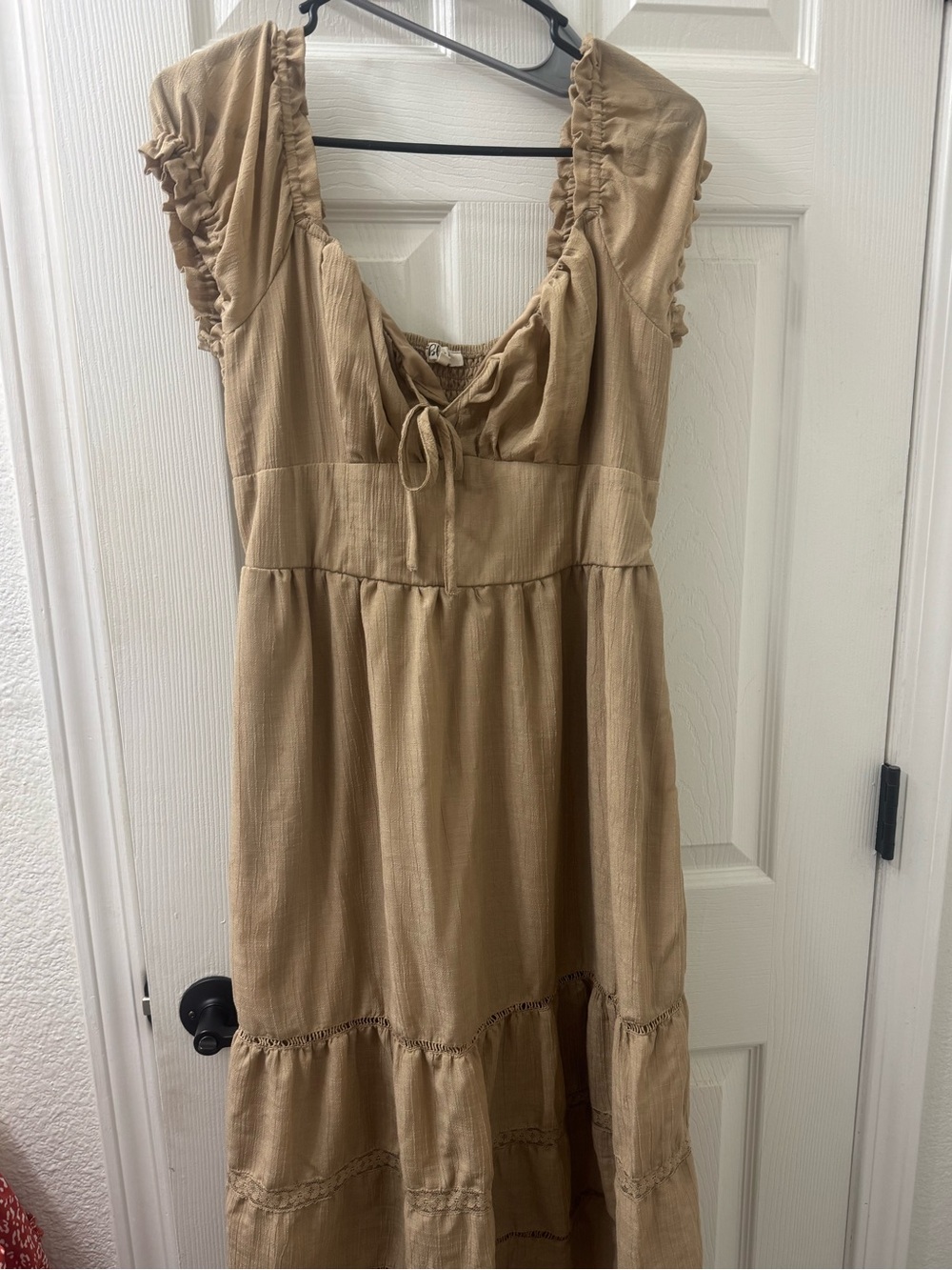 Blush Tan Ruffle-Sleeve Midi Dress